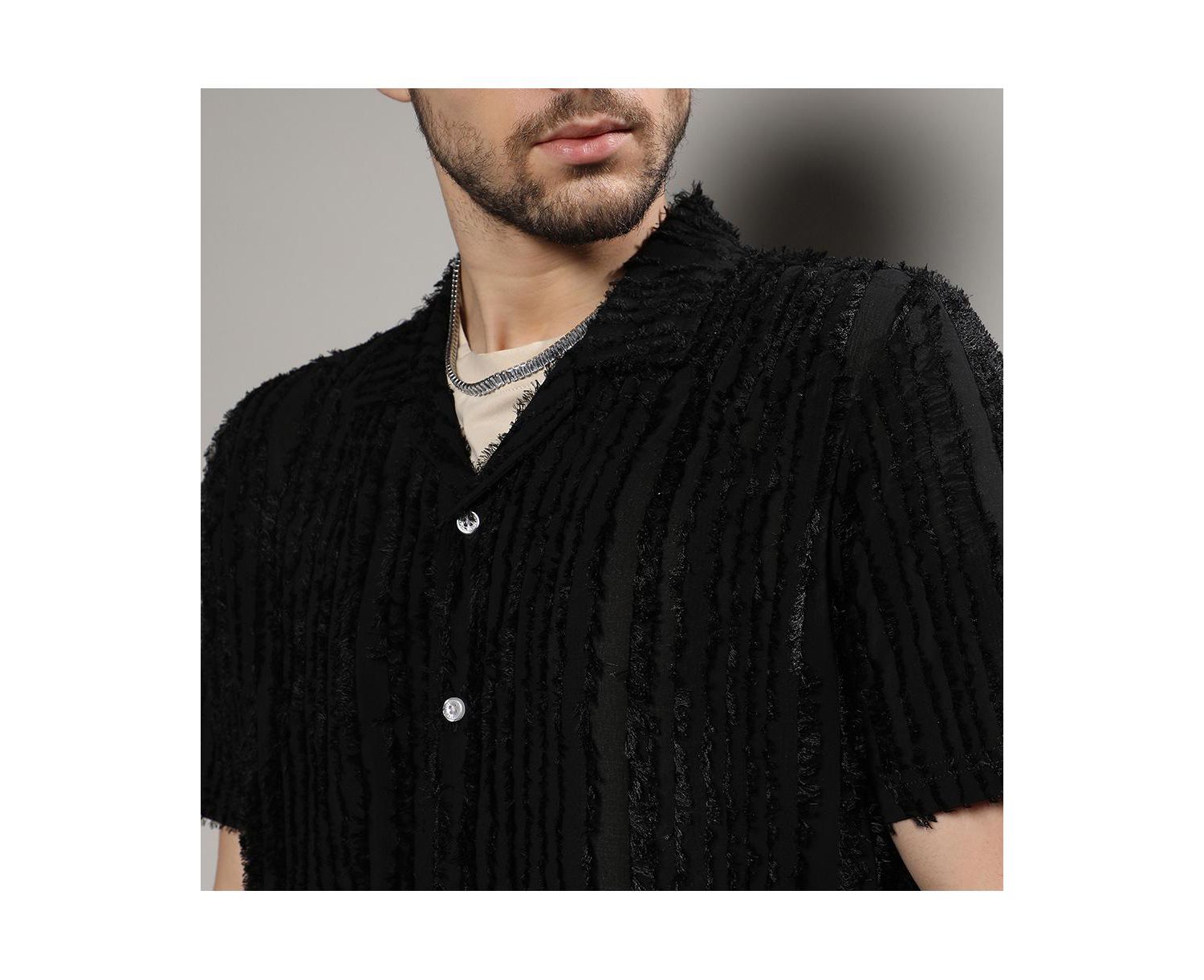 Men's Jet Black Fleece Striped Shirt