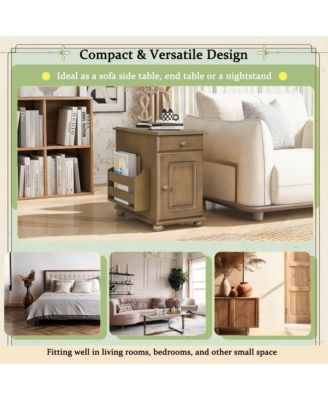 U-Can Vintage Flip Top End Table with USB Ports Multifunctional Drawer and Bookshelf