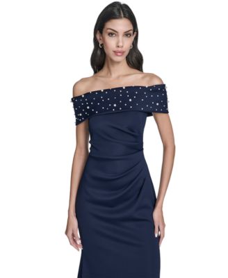 Women's Off-The-Shoulder Faux-Pearl-Embellished Evening Gown