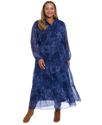 Plus Size Printed Long-Sleeve A-Line Dress