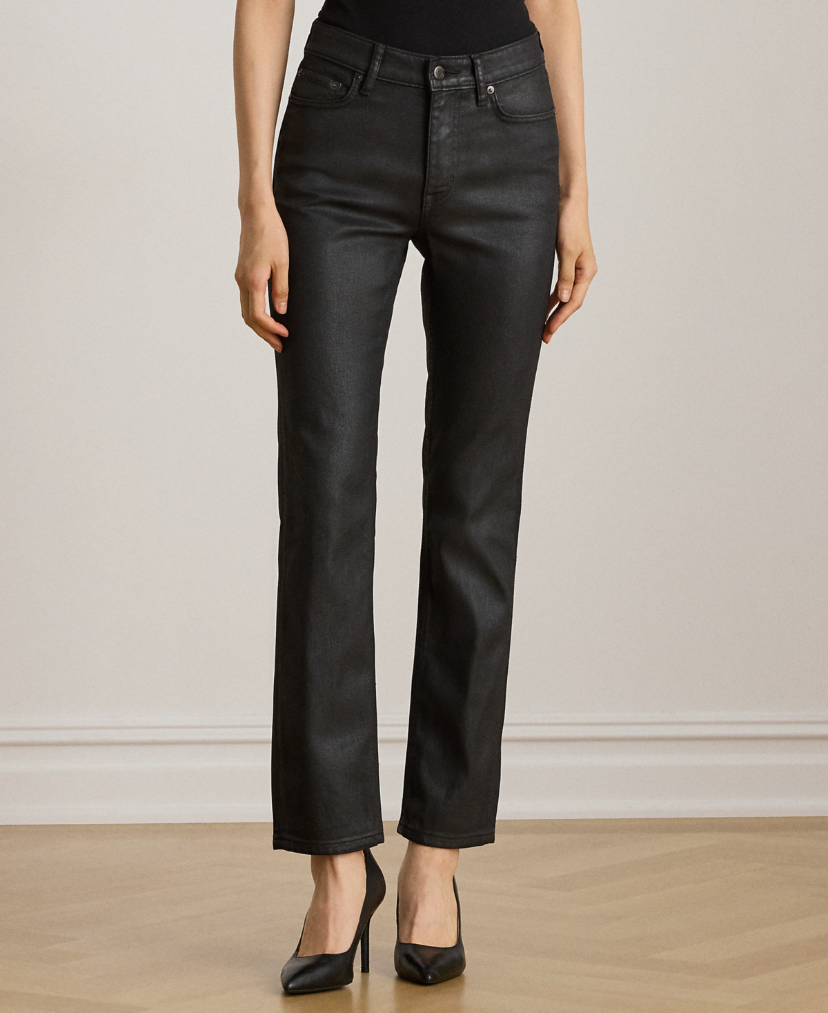 Ralph Lauren Petite Coated High-rise Straight Ankle Jeans In Black