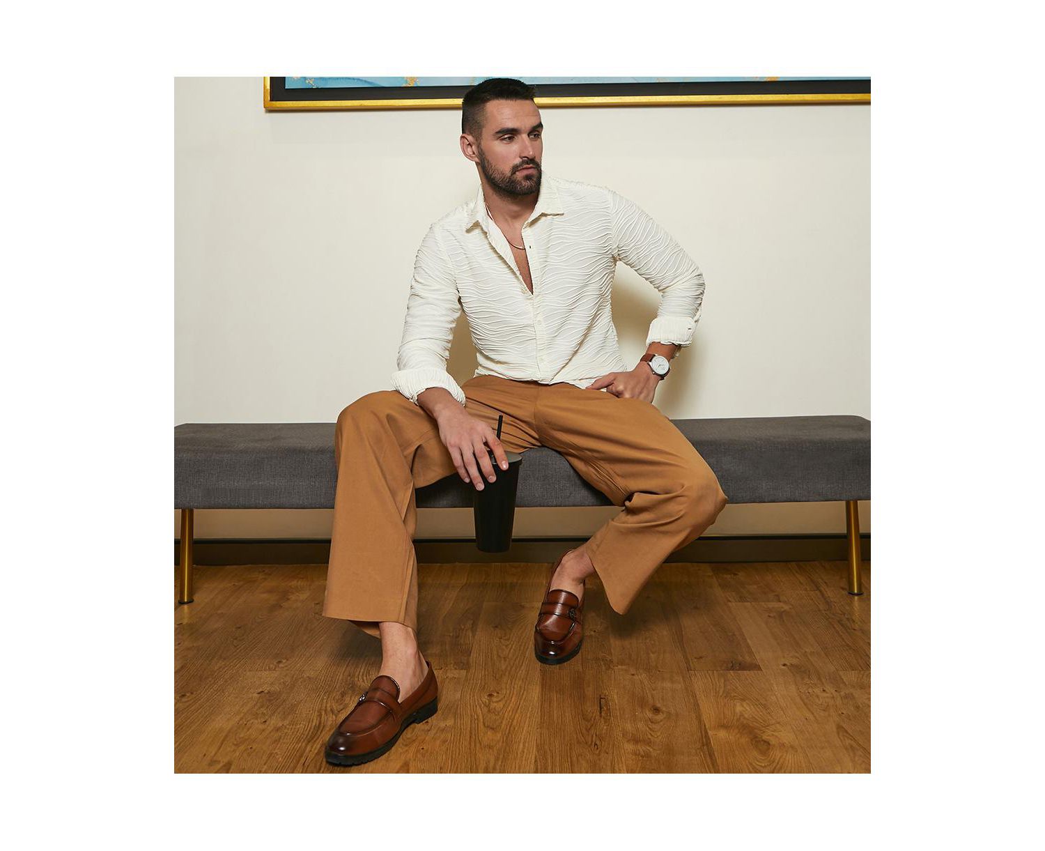 Men's Ivory White Self-Design Wave Shirt