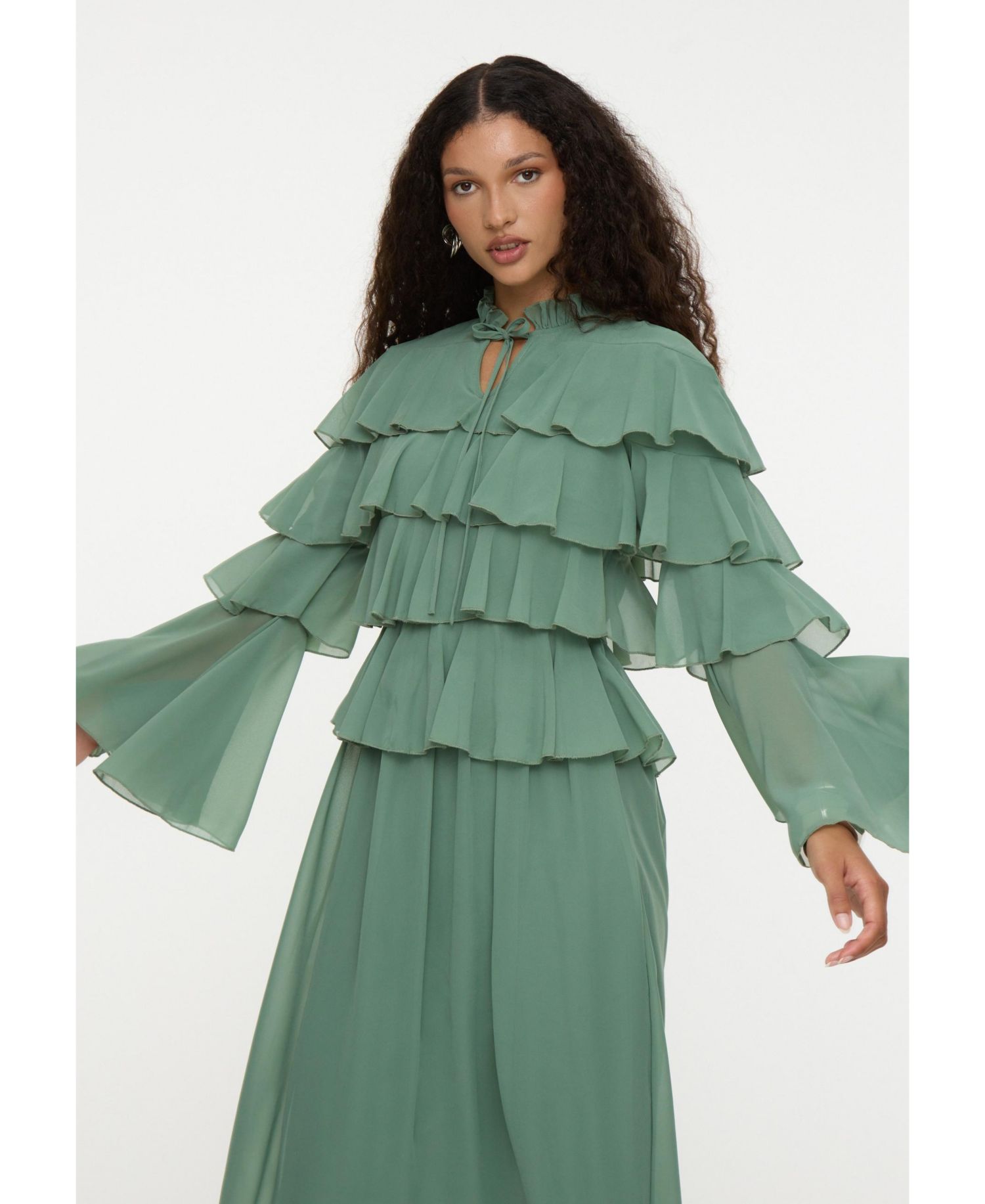 Women's Modest Ruffle Chiffon Dress Maxi With Designer Sleeve
