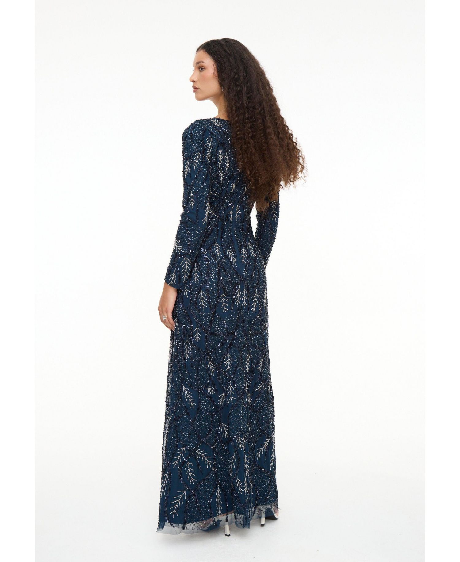Women's Modest Embellished Sequin Beaded Dress Maxi With Detailed Work