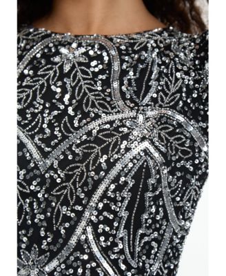 Women's Modest Embellished Sequin Beaded Dress Maxi With Fit Bodice and Trail