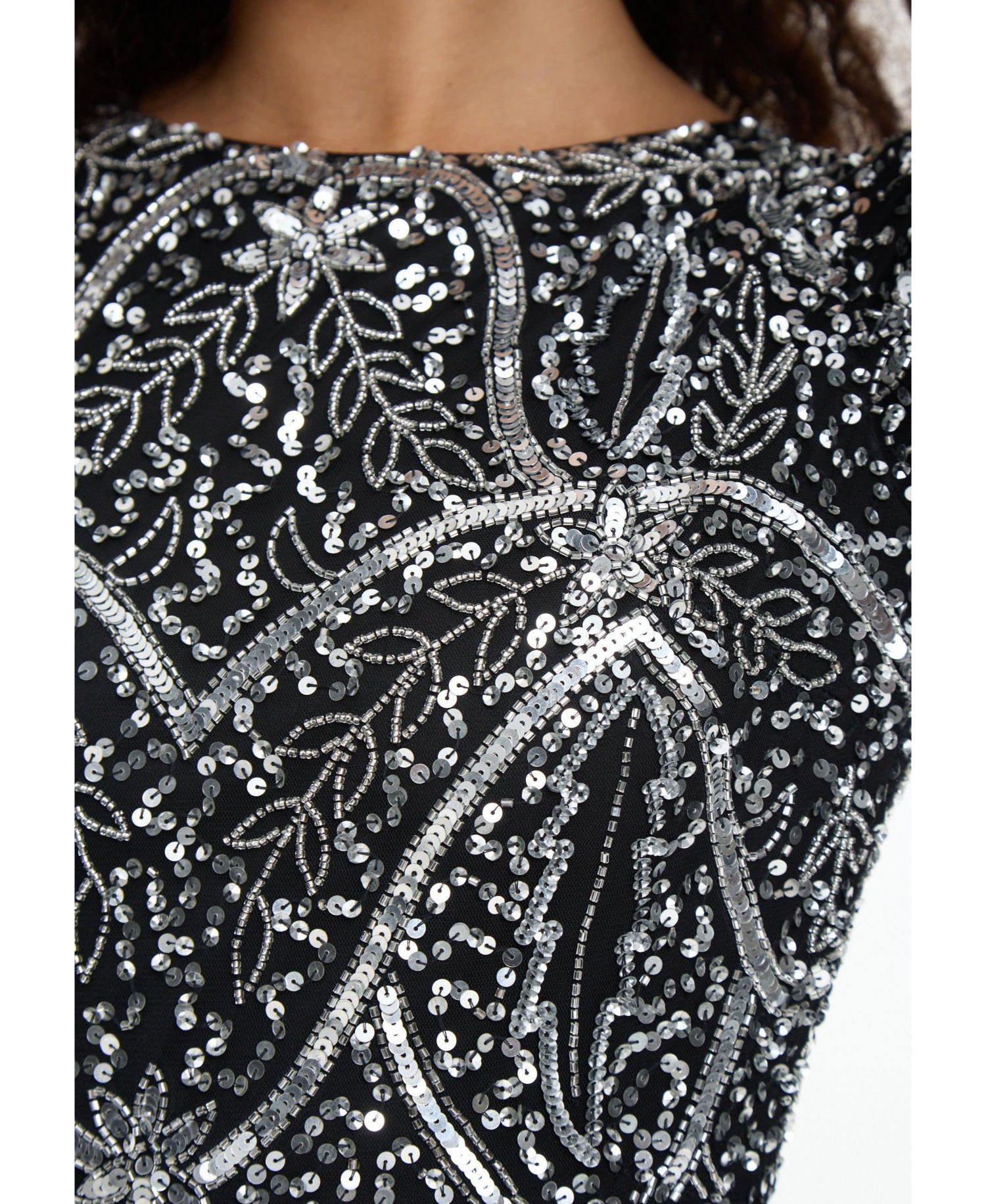 Women's Modest Embellished Sequin Beaded Dress Maxi With Fit Bodice and Trail