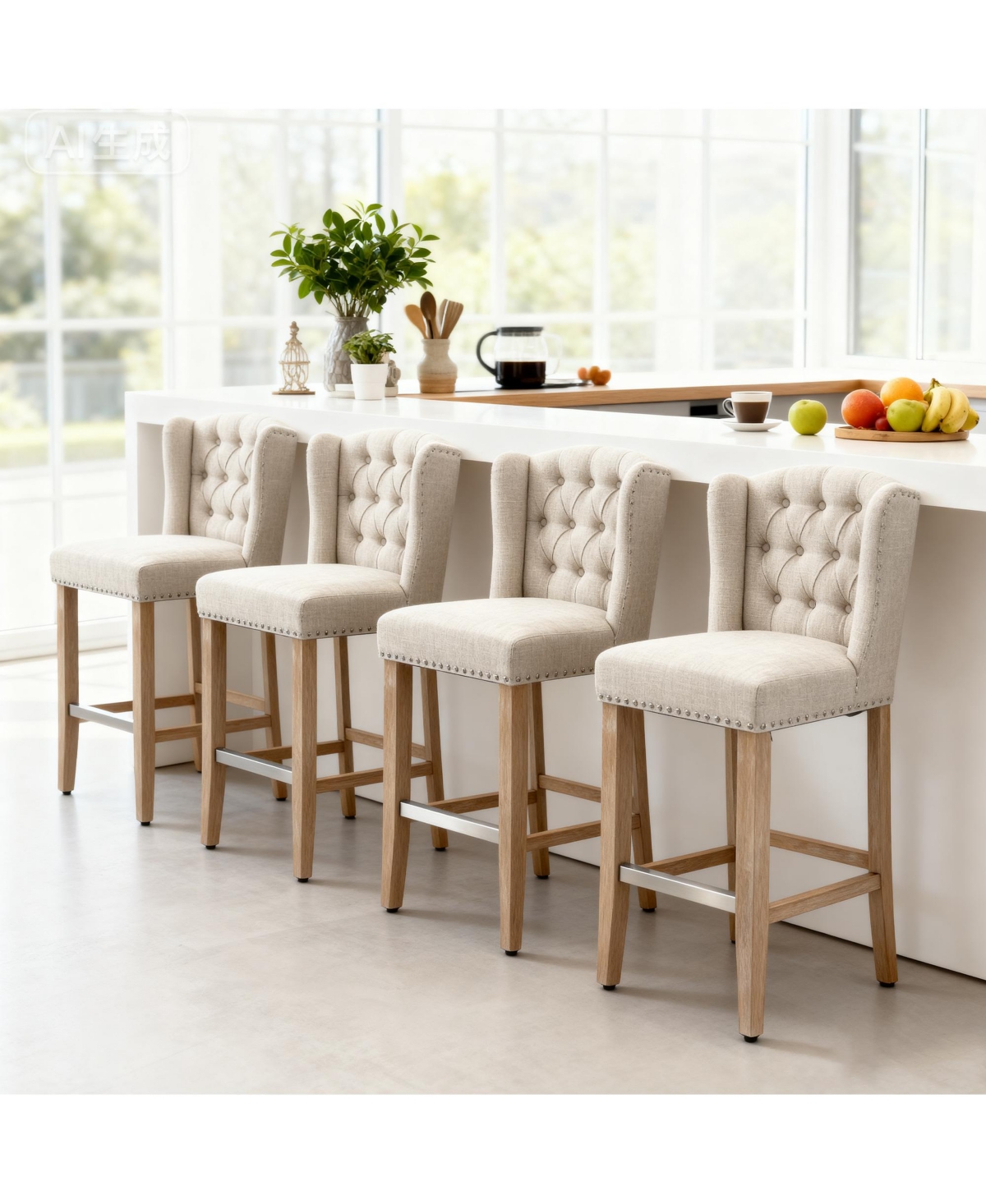 Homcom Counter Height Bar Stools Set of 2 with Wood Legs, Beige
