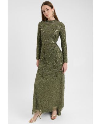 Women's Modest Embellished Sequin Beaded Dress Maxi With Trail