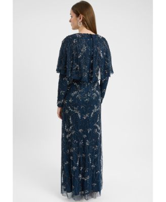 Women's Modest Embellished Sequin Beaded Dress Maxi With Attached Cape