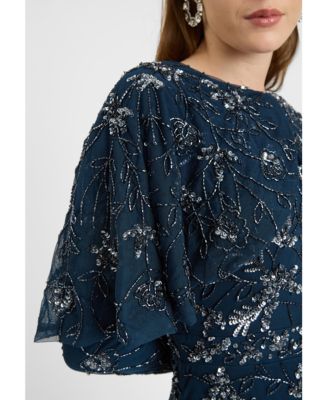 Women's Modest Embellished Sequin Beaded Dress Maxi With Attached Cape