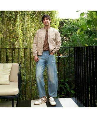 Men's Khaki Brown Lined-Jacquard Bomber Jacket