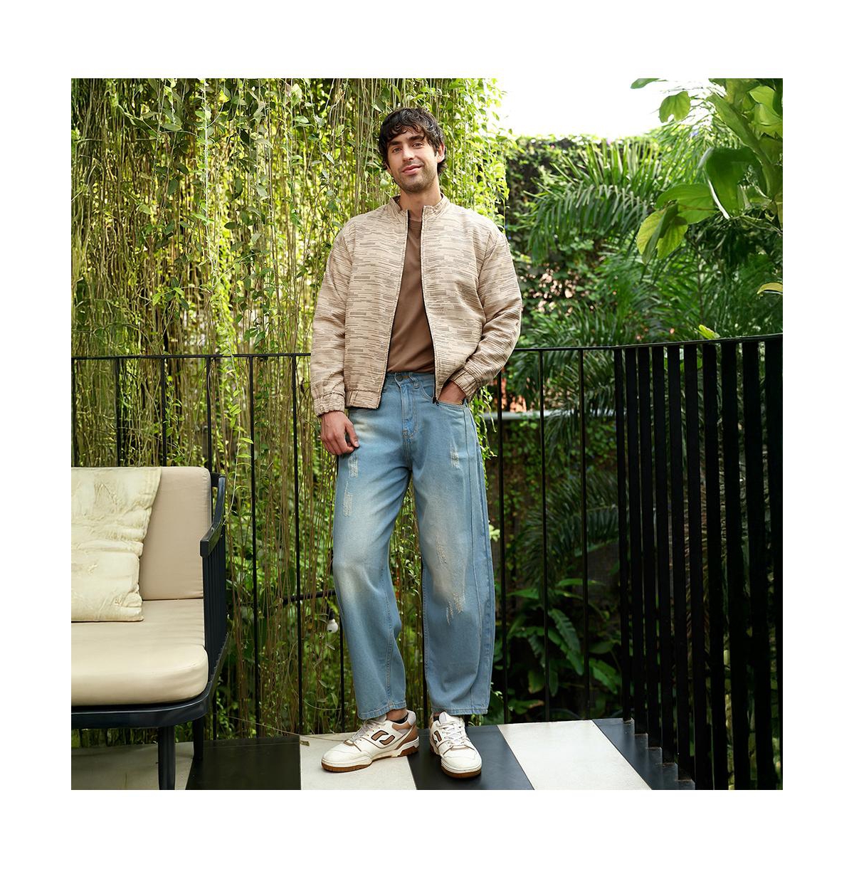 Campus Sutra Men's Khaki Brown Lined-Jacquard Bomber Jacket