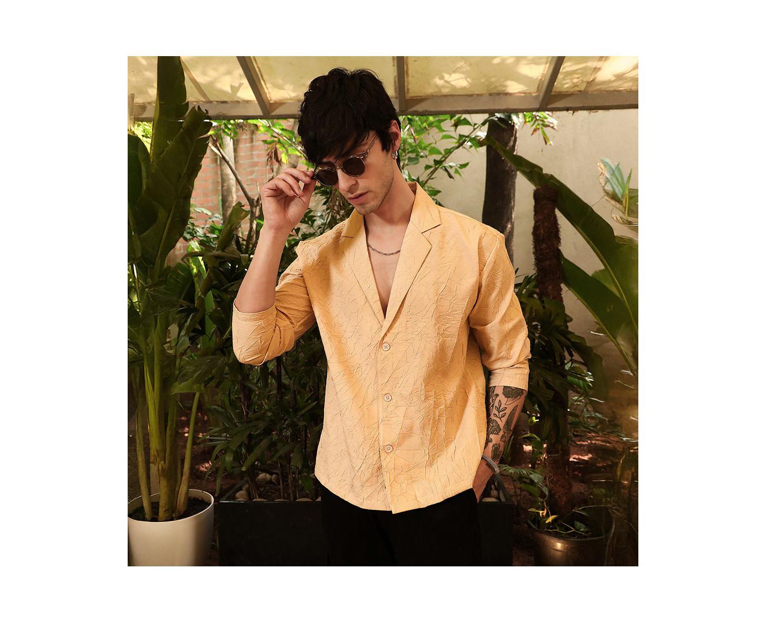 Men's Buff Beige Quad-Tactile Oversized Shirt.