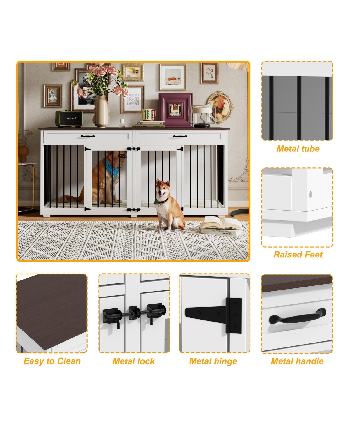 Indoor Dog House with 2 Drawers, Dog Crate for Large Medium Small Dogs