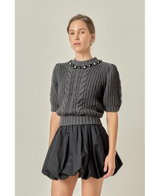 Women's Pearl Embellishment Puff Sleeve Knit Sweatshirts