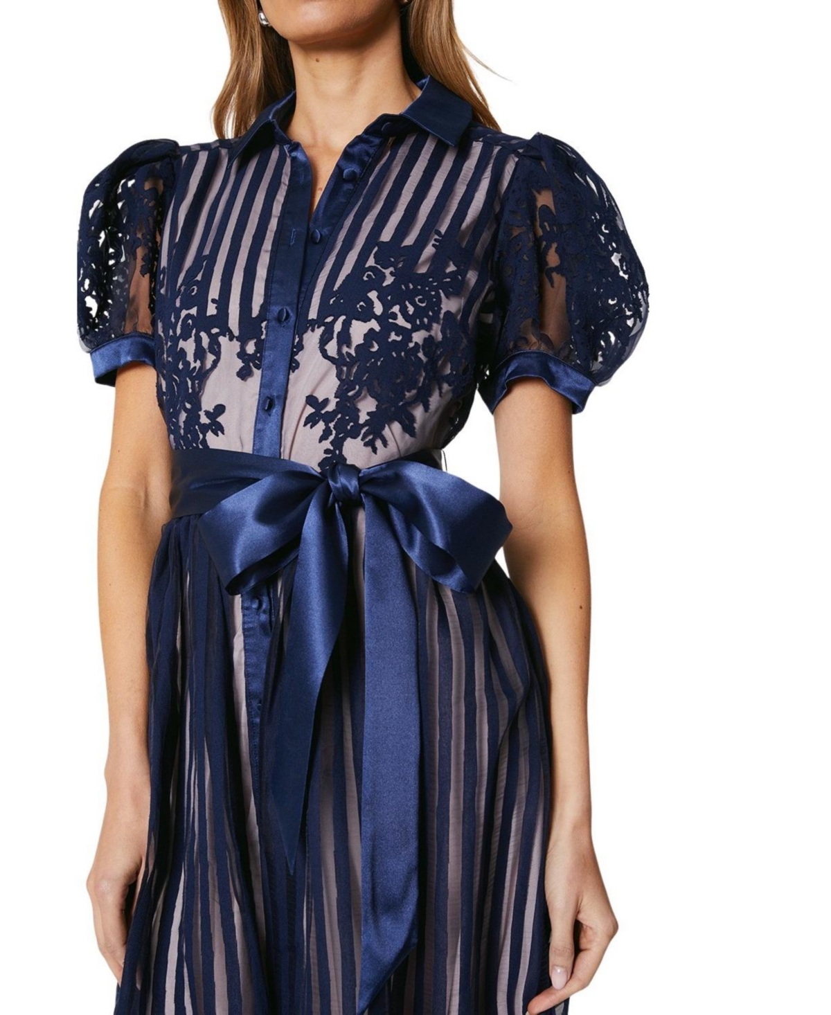 Coast Women's Stripe Organza Puff Sleeve Shirt Dress