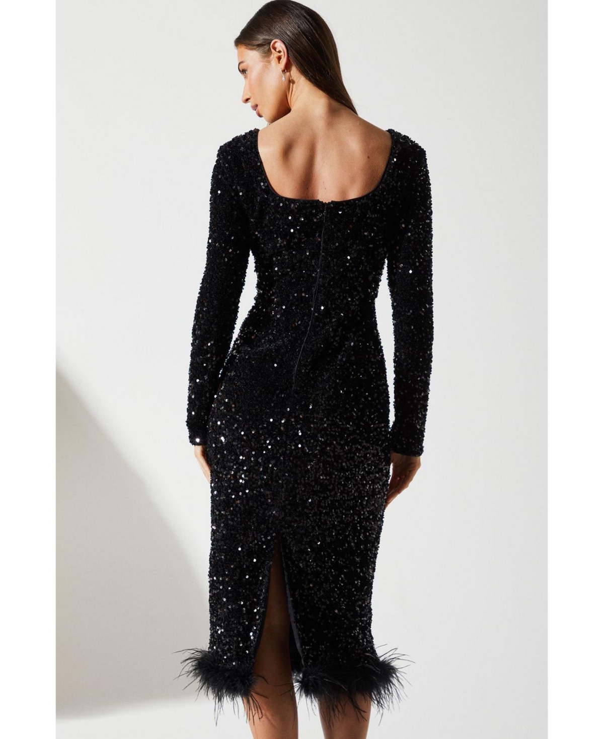 Coast Women's Sequin Feather Hem Party Midi Dress