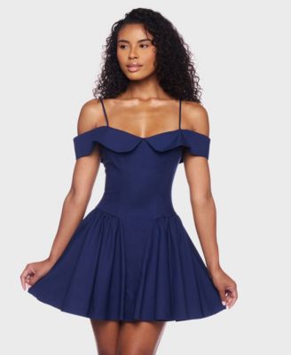 Juniors' Sweetheart Spaghetti-Strap Cold-Shoulder Twill Fit & Flare Dress