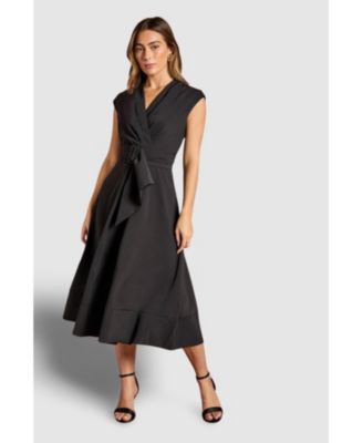 Women's Belted Crepe V-Neck Midi Dress.