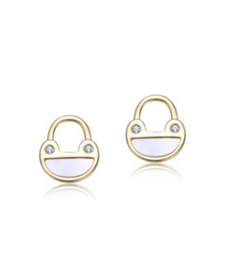 14K Gold Plated with White Mother of Pearl & Clear Cubic Zirconia Frog Design Stud Earrings For Kids