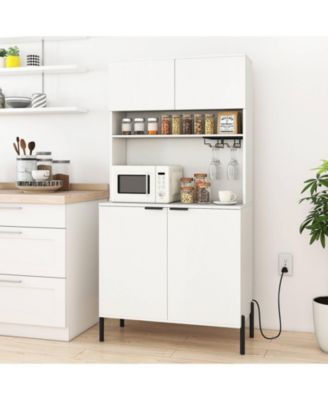 64.5” Kitchen Pantry Cabinet with Charging Station Wine Glass Rack Adjustable Shelf