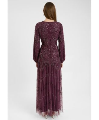 Women's Modest Embellished Sequin Beaded Dress Maxi With Boat Neck