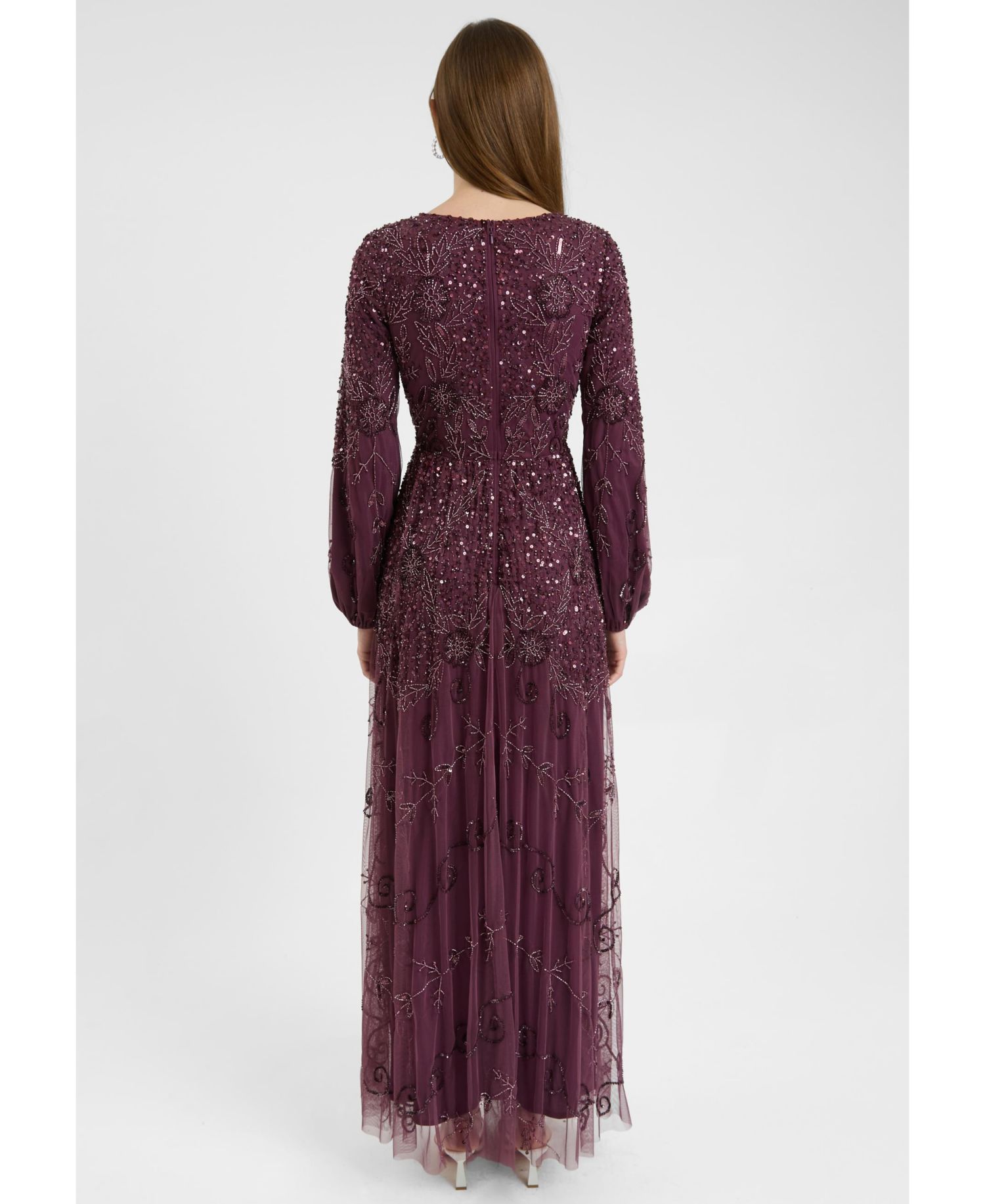 Women's Modest Embellished Sequin Beaded Dress Maxi With Boat Neck