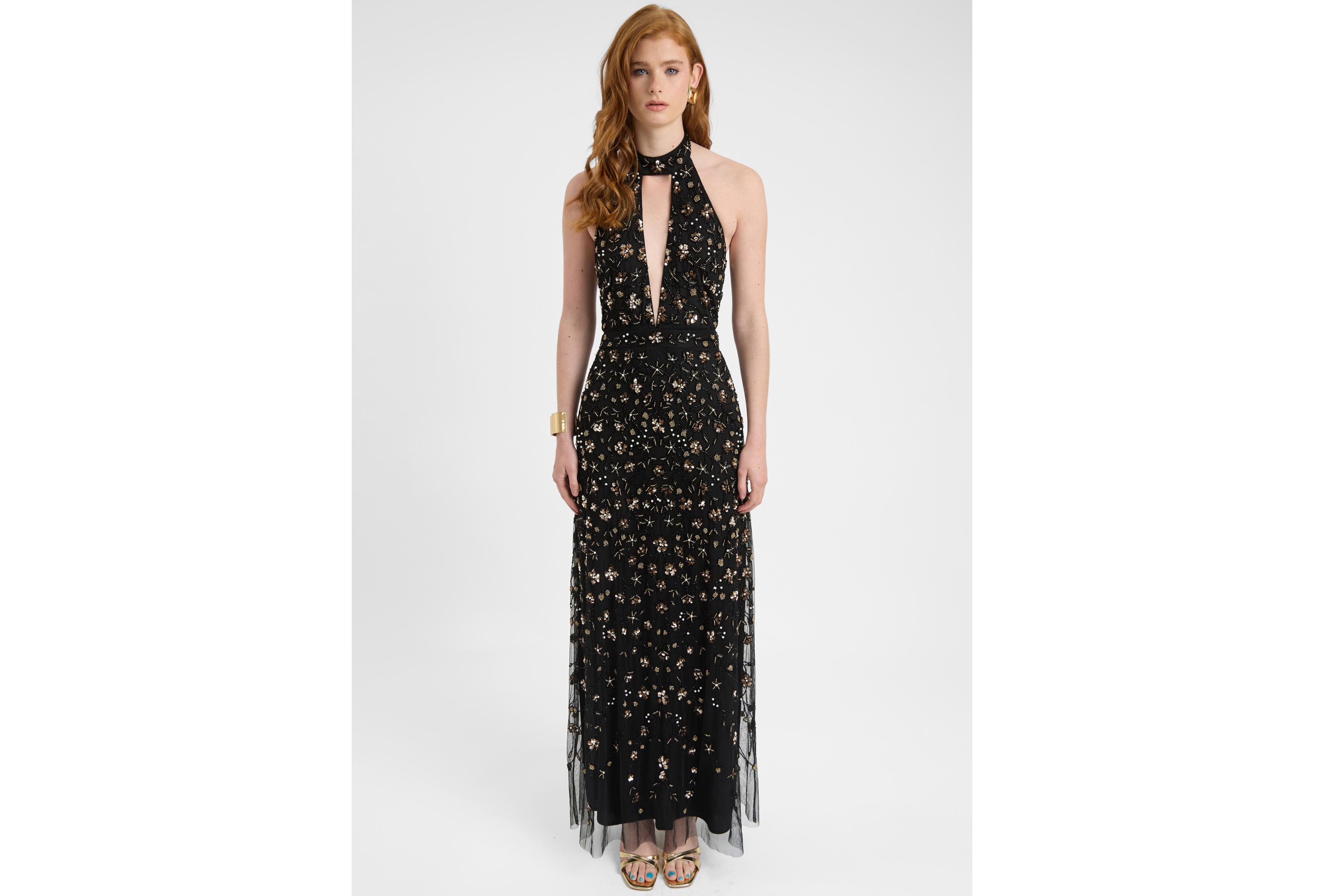 Beauut Women's Embellished Sequin Beaded Maxi Dress With Choker-Style Collar