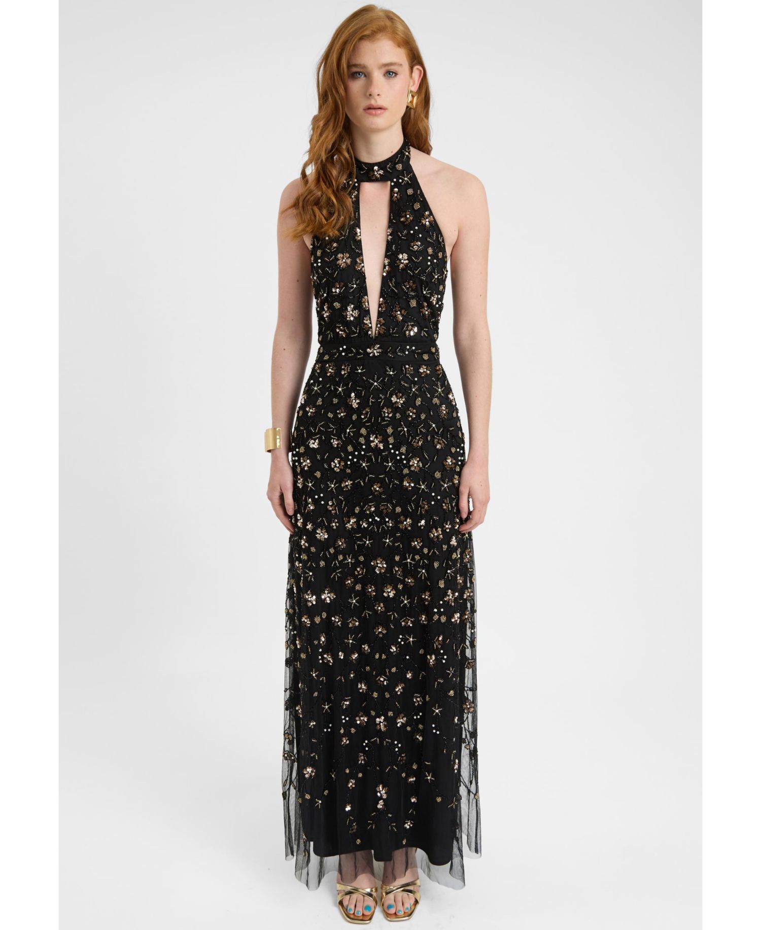 Women's Embellished Sequin Beaded Maxi Dress With Choker-Style Collar