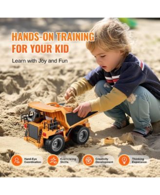 RC Dump Truck Toy, 9-Channel 1:18 Scale Remote Control Construction Vehicle with Metal Bed & Lights