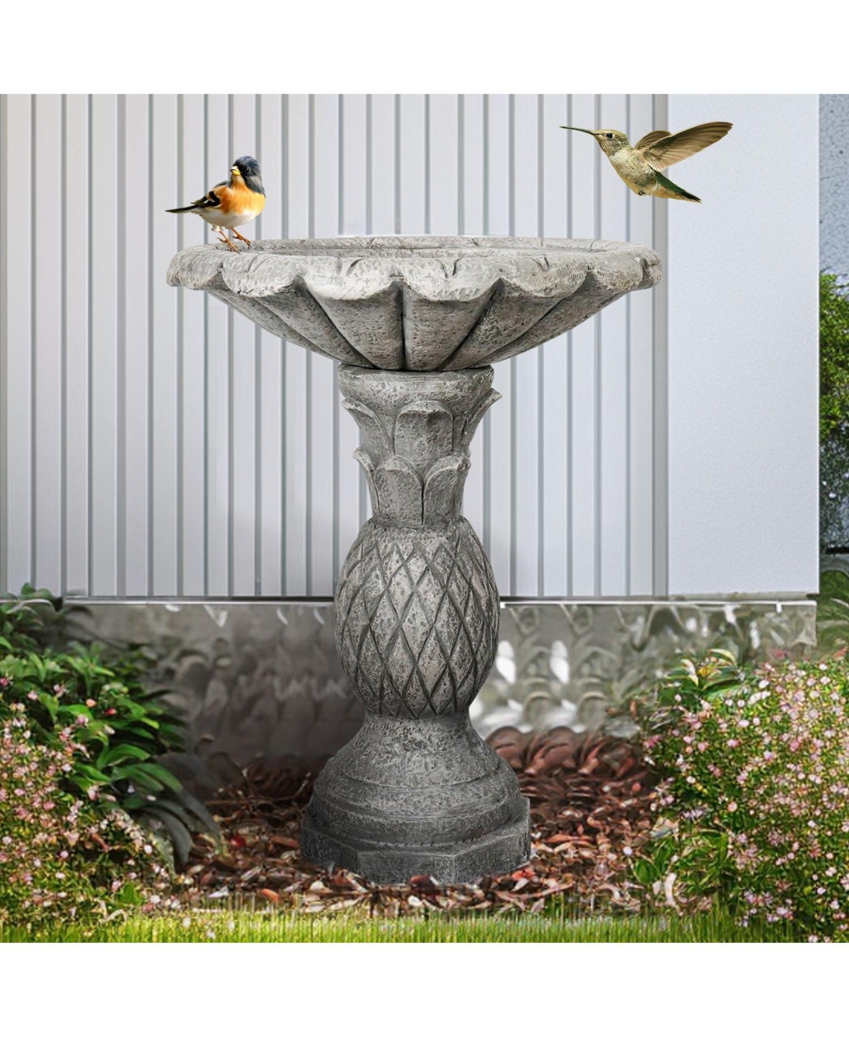 SunJet 24.8 Inch Heigh Concrete Bird Bath with Pineapple Texture – birdbath Sturdy & Elegant Design, Vintage Freestanding Style