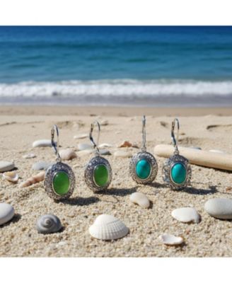 Set of 2 Boho Western Floral Scroll Stabilized Turquoise and Dyed Green Quartz Dangle Earrings Sterling Silver