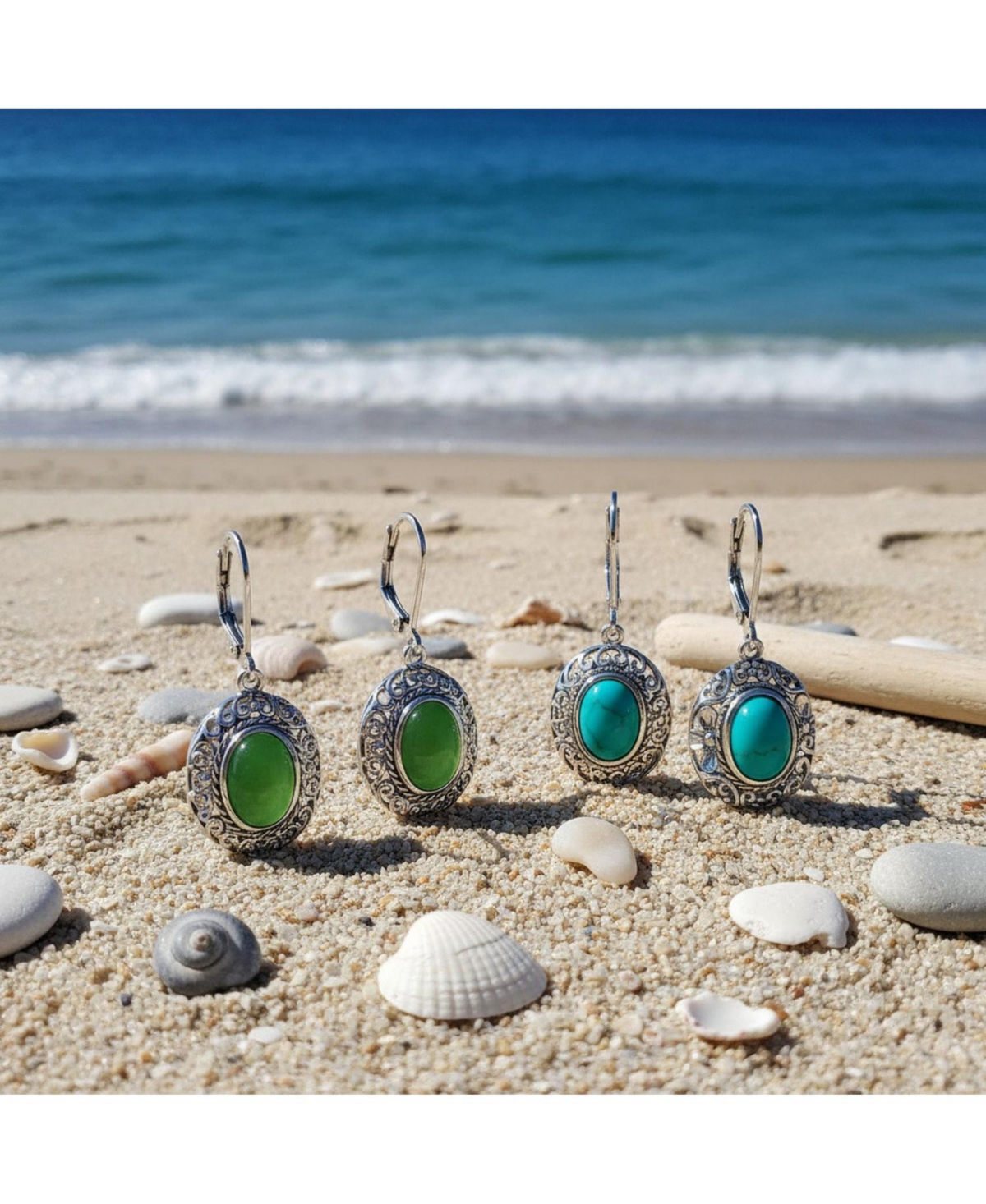 Bling Jewelry Set of 2 Boho Western Floral Scroll Stabilized Turquoise and Dyed Green Quartz Dangle Earrings Sterling Silver