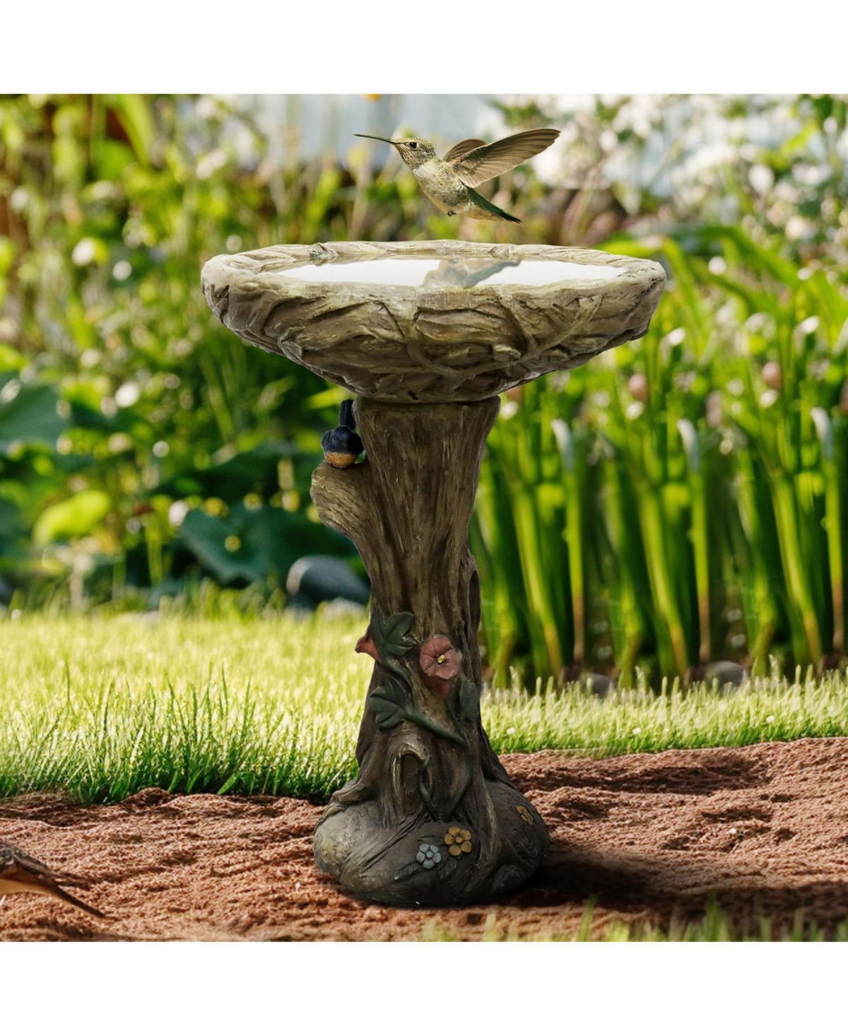 SunJet 25.5 Inch Heigh Wood-Look Concrete Bird Bath with Decorative Faux Bird – birdbath Rustic & Long-Lasting Design, Enhances Garden