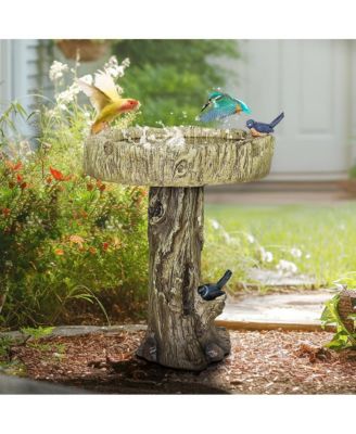 24.4" Wood-Look Concrete Bird Bath with faux bird, rustic and durable design for garden decor.