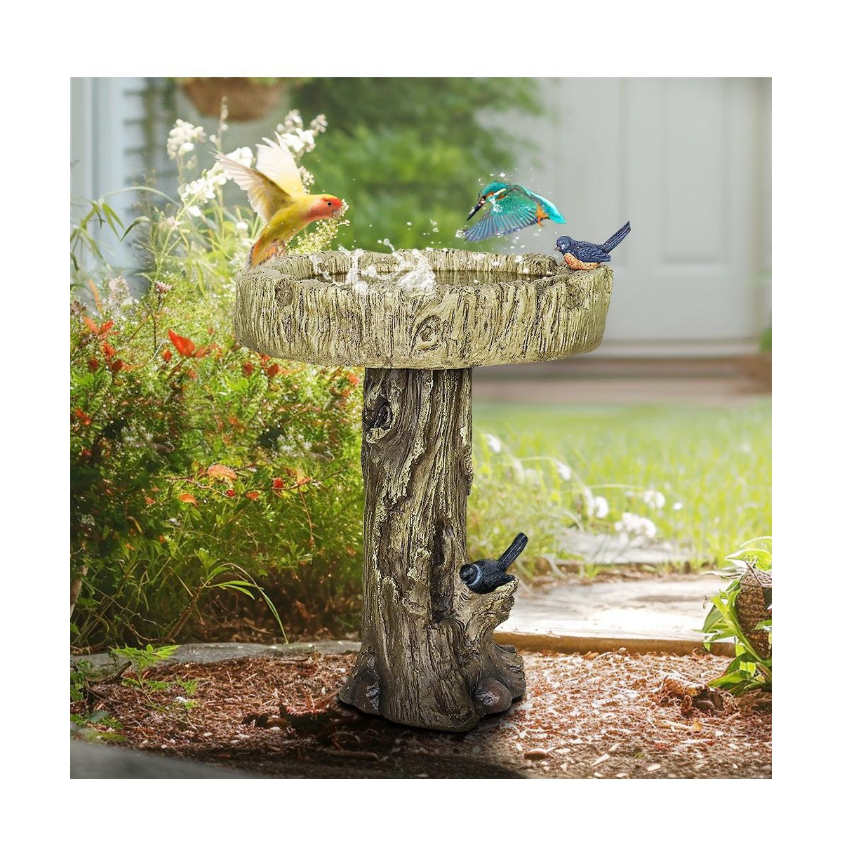 SunJet 24.4" Wood-Look Concrete Bird Bath with faux bird, rustic and durable design for garden decor.