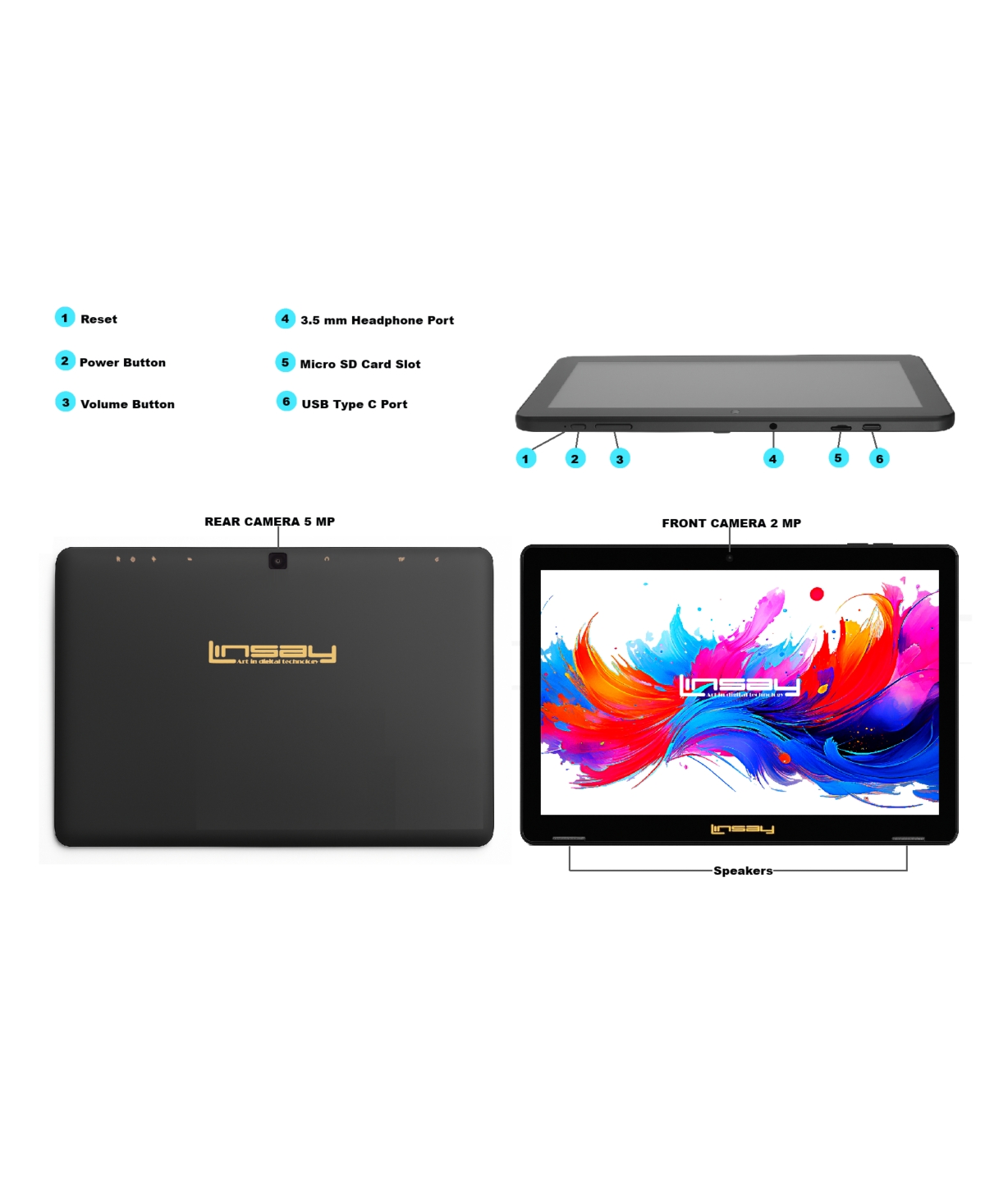 Linsay 10.1" Octa Core 256GB Storage Android 15 Tablet with Black Crocodile Keyboard