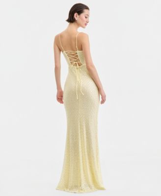 Juniors' Beaded V-Neck Lace-Up-Back Gown 