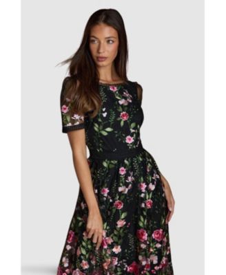 Women's Lace Trim Embroidered Mesh Midi Dress