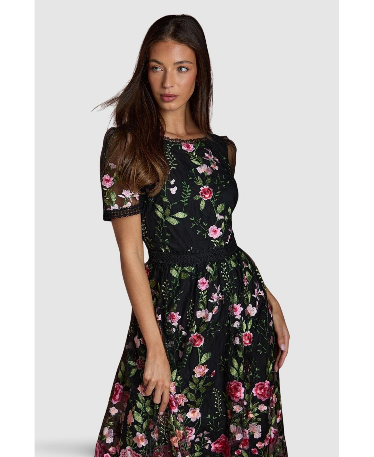 Coast Women's Lace Trim Embroidered Mesh Midi Dress