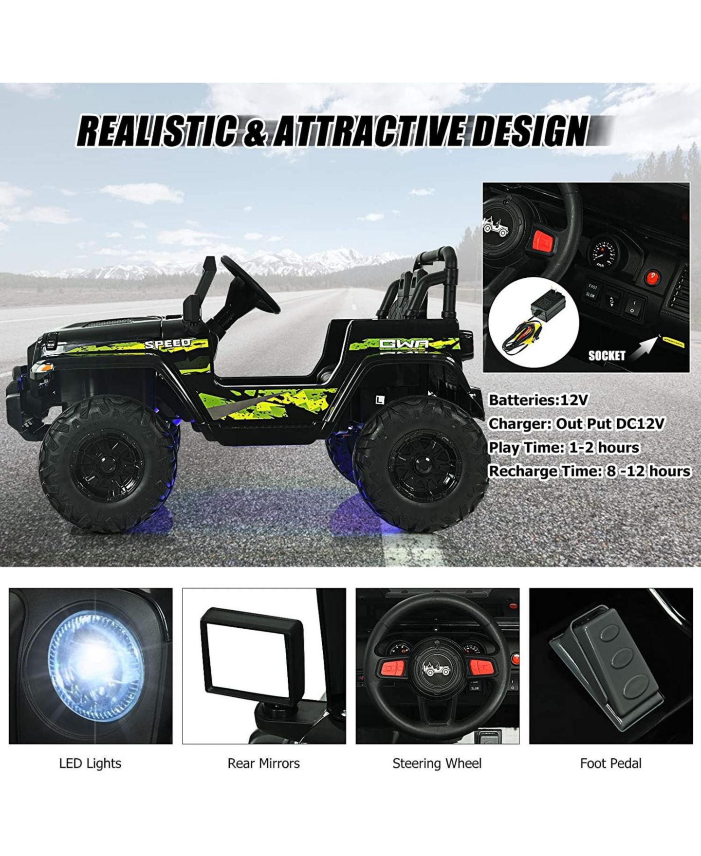 Детская игрушка SUGIFT 12V Kids Ride-on Jeep Car with Remote Control, Rechargeable Battery, Ages 3-10, цвет: Чёрный — фото 4