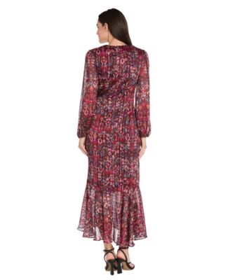 Women's Long-Sleeve Mock Surplus Wrap Printed Dress