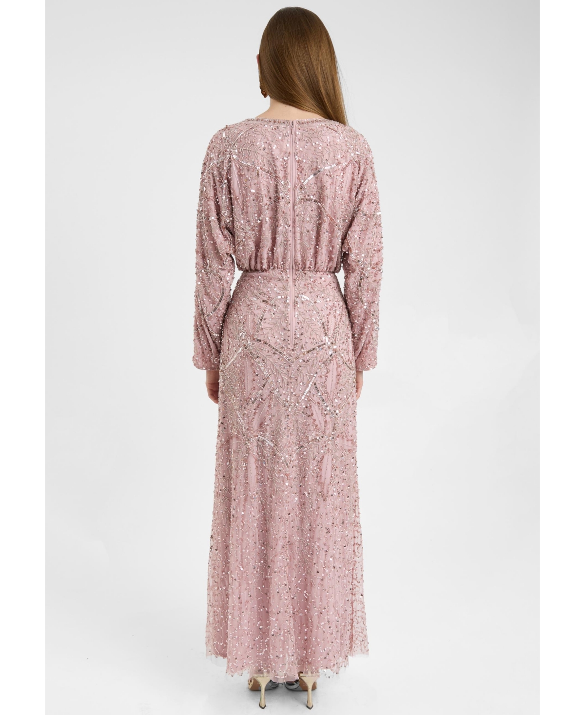 Maryisa Women's Modest Embellished Sequin Beaded Dress Maxi With long Flowey Sleeves