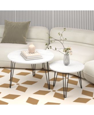 27.56 Inch Round Nesting Coffee Table Set of 2 with Marble Tabletop and Metal Base