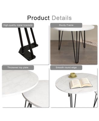 27.56 Inch Round Nesting Coffee Table Set of 2 with Marble Tabletop and Metal Base