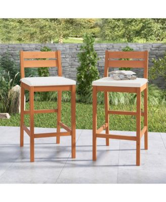 Patio Eucalyptus Wood Bar Stools Set of 4 Outdoor Bar Height Patio Chairs w/ Cushions