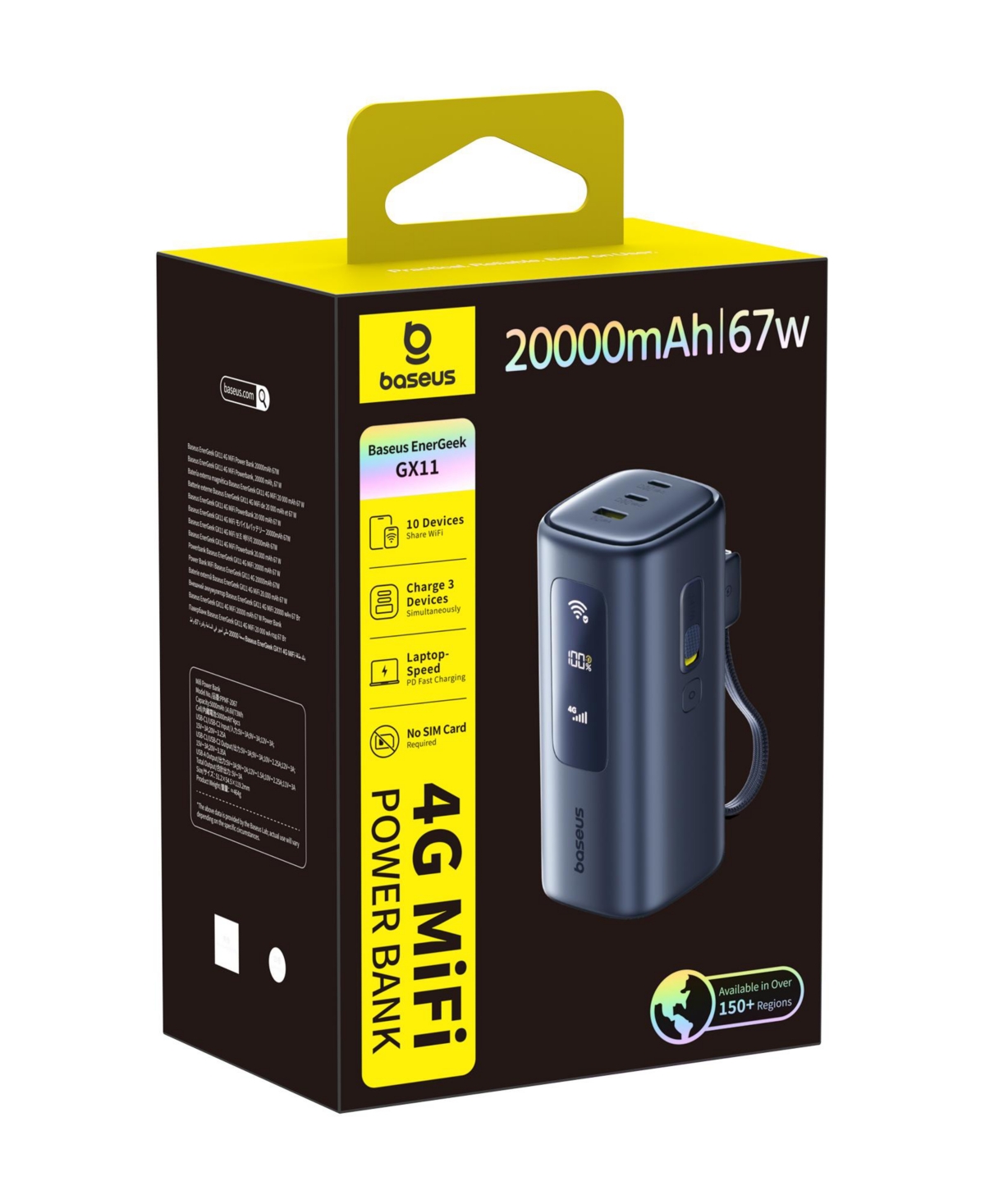 Baseus GX11 Global Traveler's 2-in-1 Mobile Hotspot & 20000mAh Power Bank, Seamless 4G Lte, 67W Fast Charging