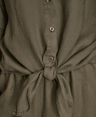 Women's Long Blouson Sleeve Button Adjustable Tie Shirt