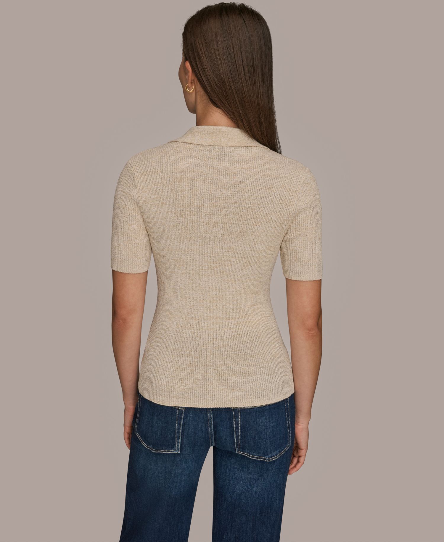 Women's Cotton Rib Elbow Sleeve Polo Sweater