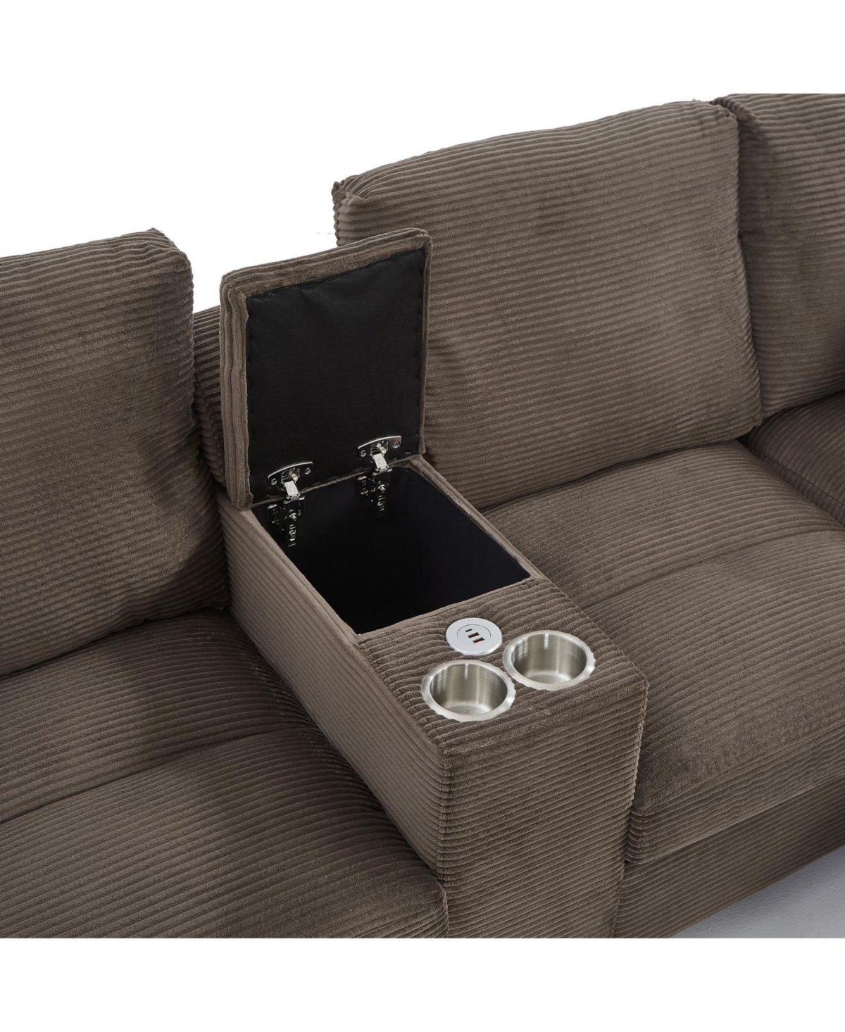 Streamdale Furniture Modern U-shaped Corduroy Sofa with Storage, Cup Holders & Usb Ports, Black